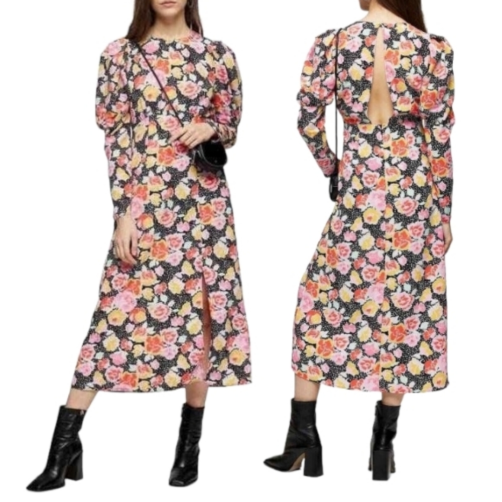 NWT TOPSHOP Pastel Dream Puff Sleeve Dress Size 12 / Midi length / Cutout back